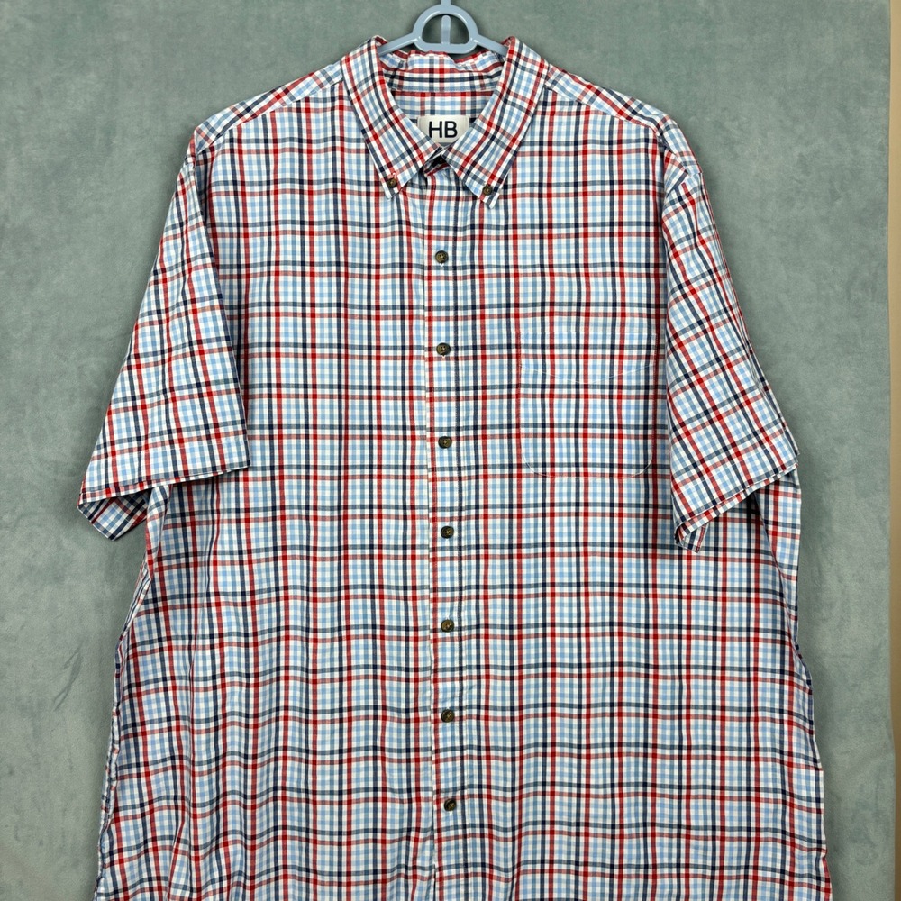 HB Mens 1XLT Plaid Short Sleeve Button Down Shirt Red White Blue Cotton Blend